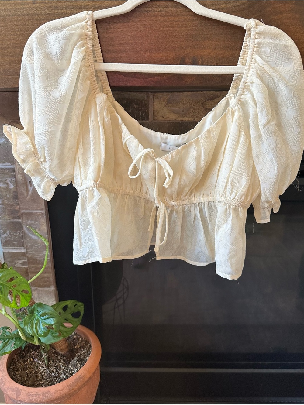 Lush Cream Peplum Tie-Front Puff Sleeve Blouse
